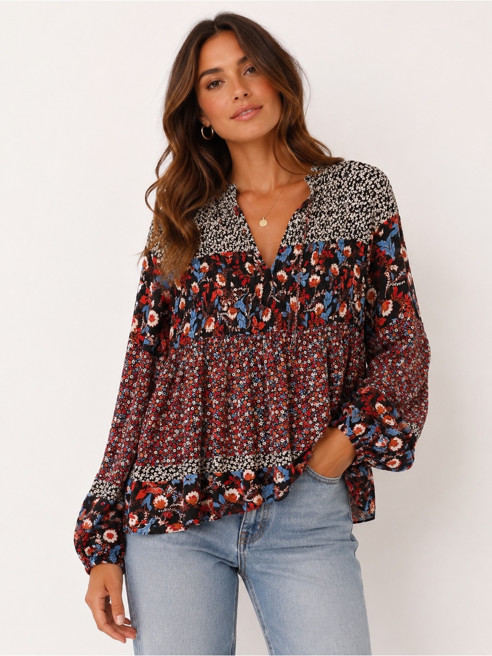 Lily White Black Multi Floral Patchwork Peasant Blouse